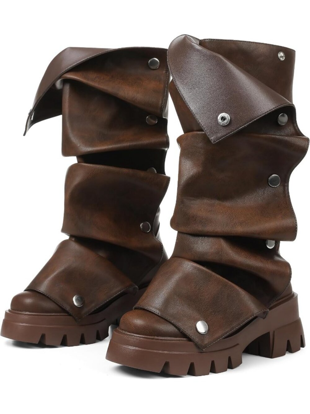 Women's Brown Slouchy Fold Over Fashion Chunky Heel Non-Slip Wide Calf Boots